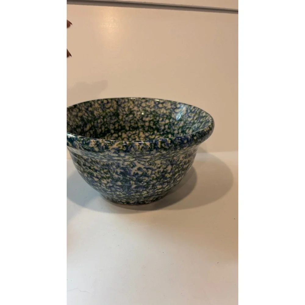 Vintage Spongeware Stoneware Bowl Blue Green Speckled Ceramic with 6 Faux Apples